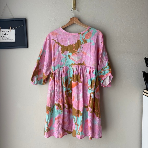 Lanhtropy Dress Linen Pink Floral Mini Dress One Size - Picture 7 of 8